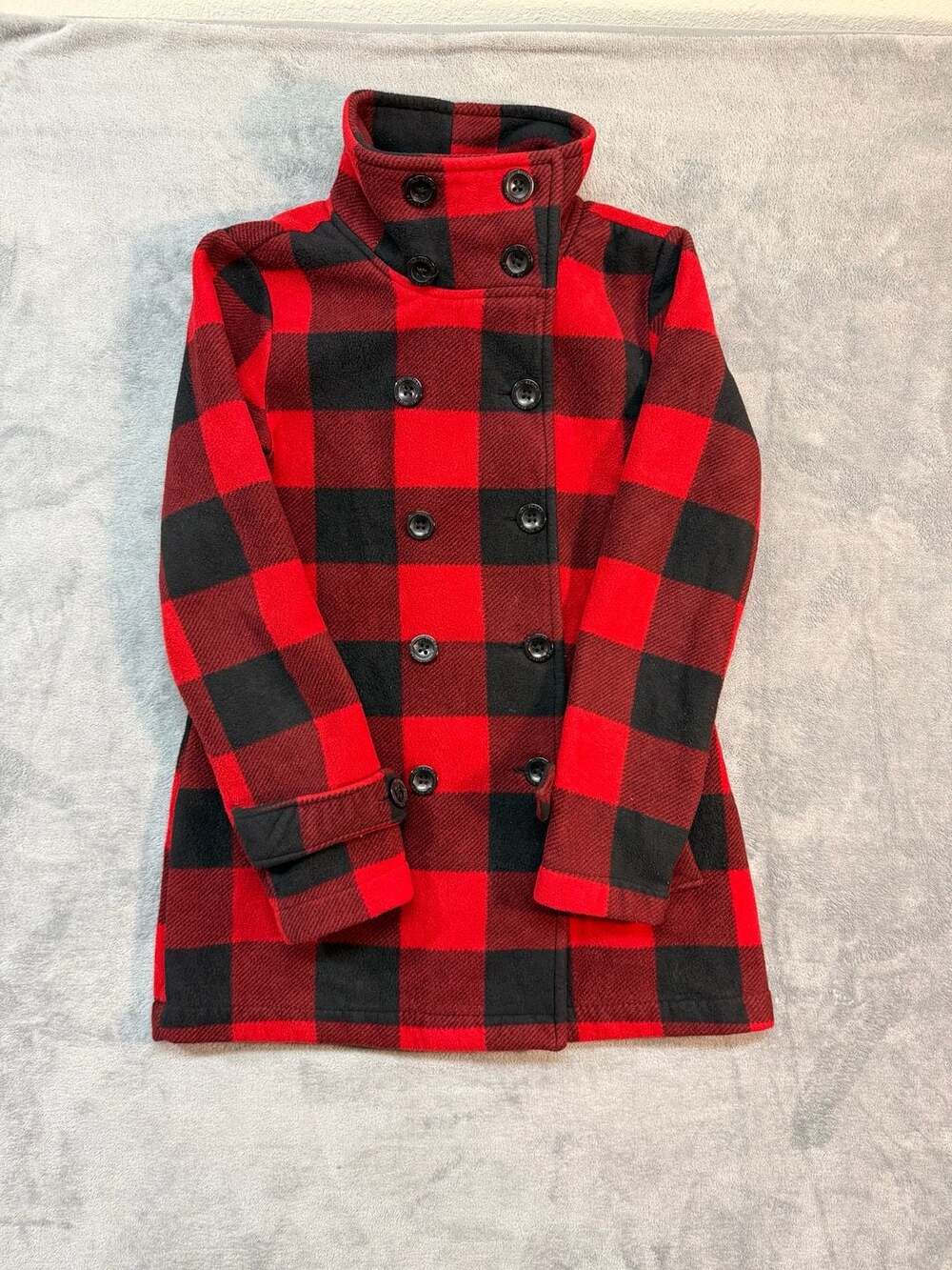 Ike Behar Women's Red Black Buffalo Check Plaid Fleece Pea Coat Size Small